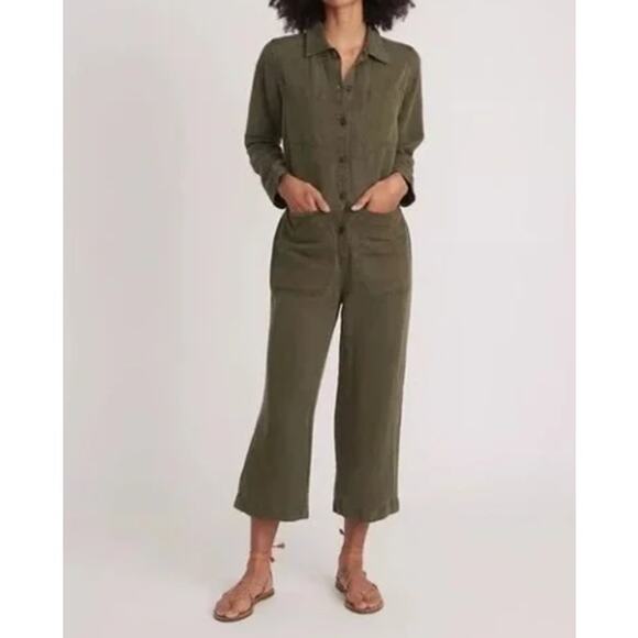 Marine Layer Women's Charlie Utility Jumpsuit Green Linen Blend Medium Wide Leg - Picture 1 of 11